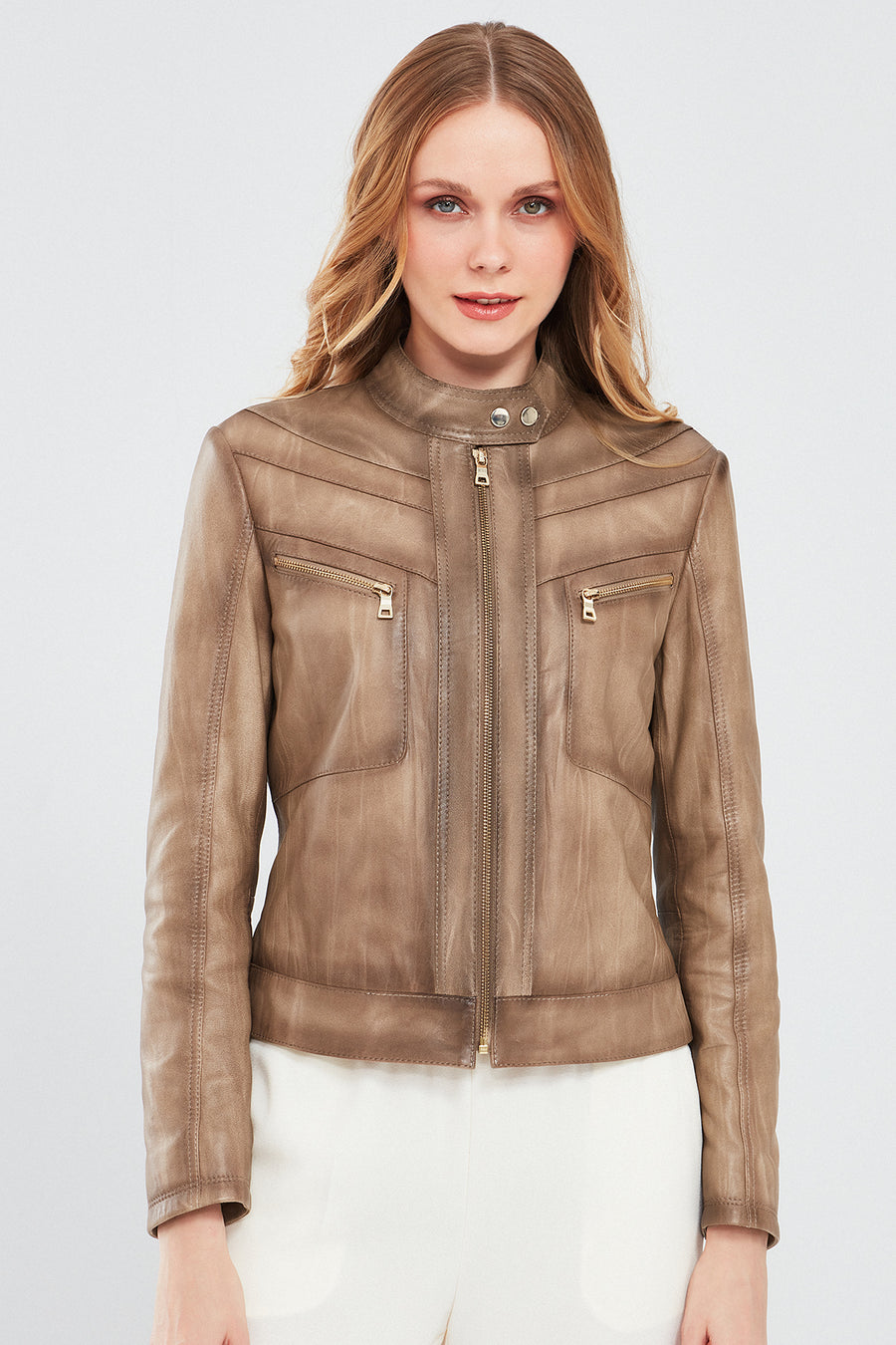 Jody Women's Beige Natural Short Leather Jacket