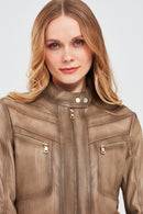 Jody Women's Beige Natural Short Leather Jacket | Derimod