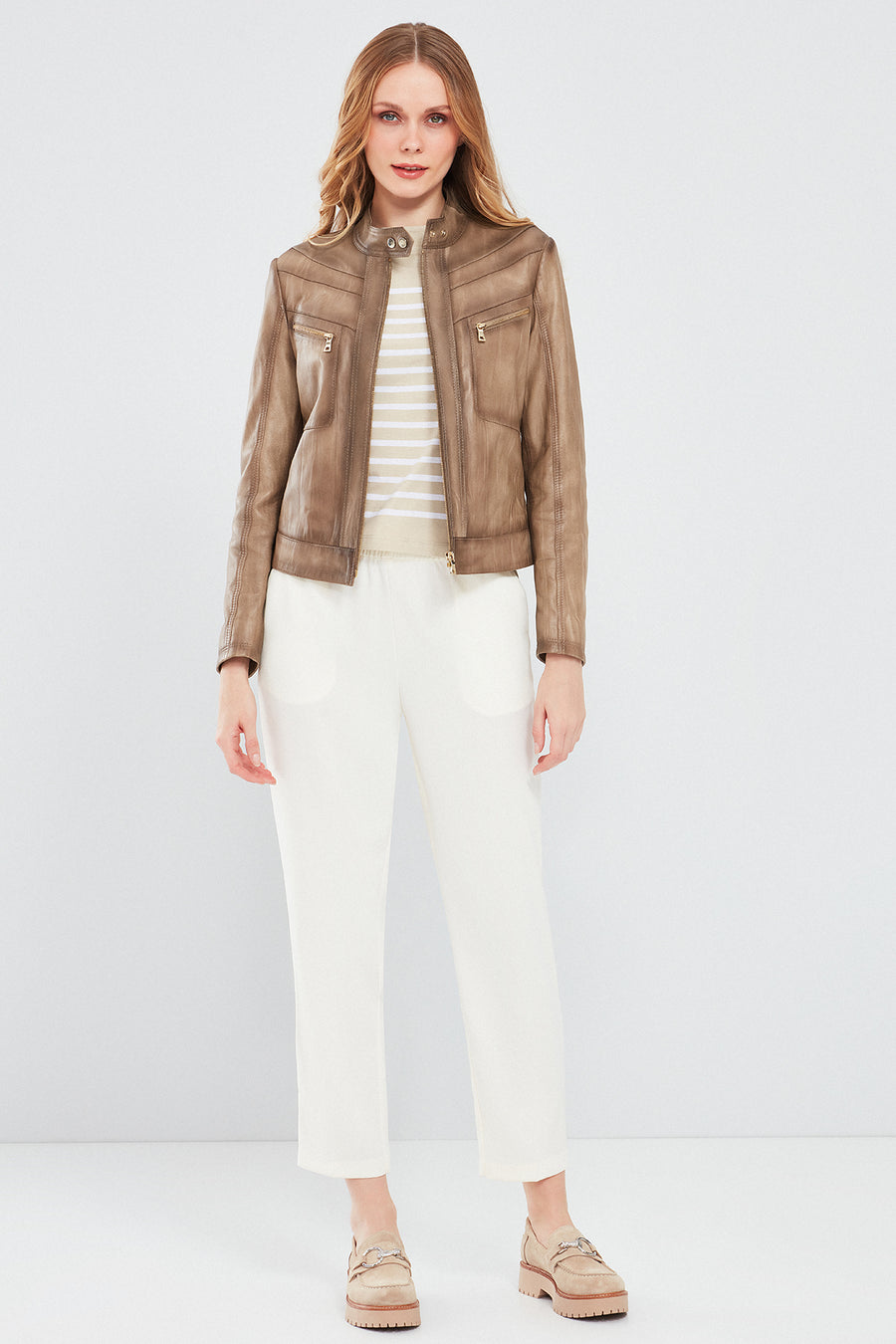 Jody Women's Beige Natural Short Leather Jacket