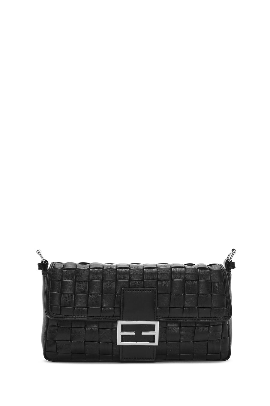 Women's Black Knitted Patterned Long Strap Shoulder Bag