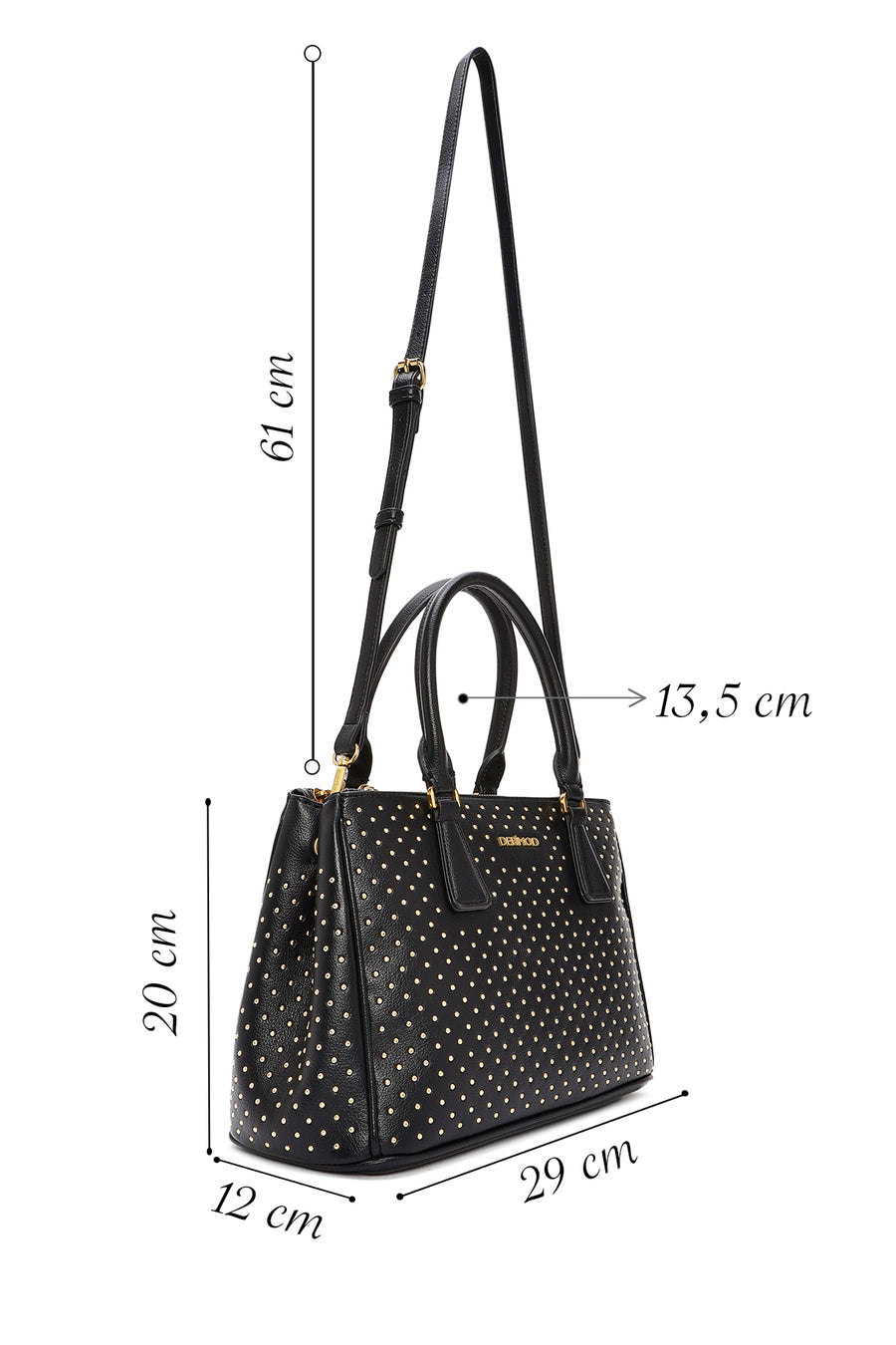 Women's Black Long Strap Stoned Classic Shoulder Bag
