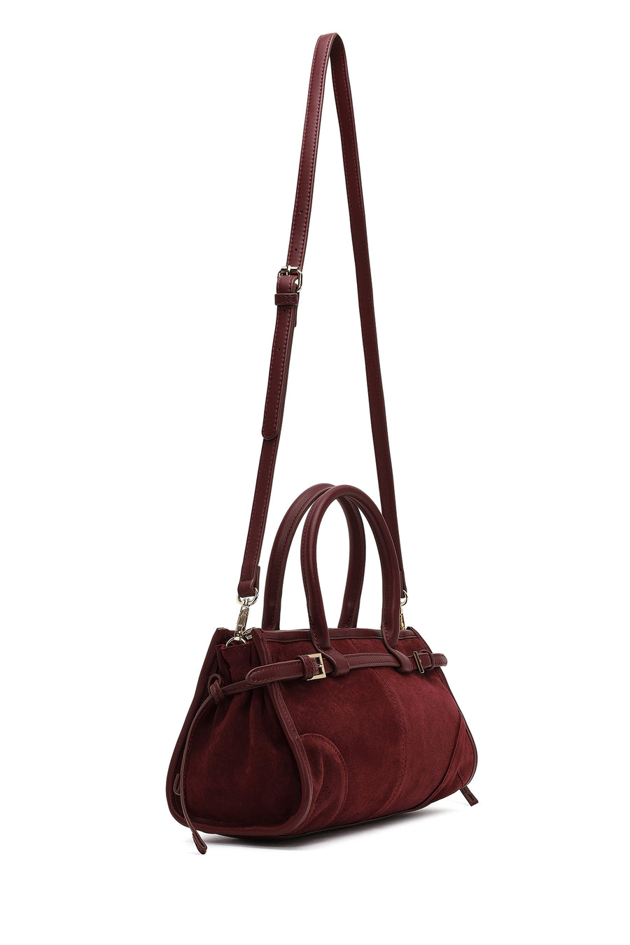 Women's Claret Red Long Strap Suede Leather Handbag