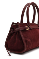 Women's Claret Red Long Strap Suede Leather Handbag | Derimod