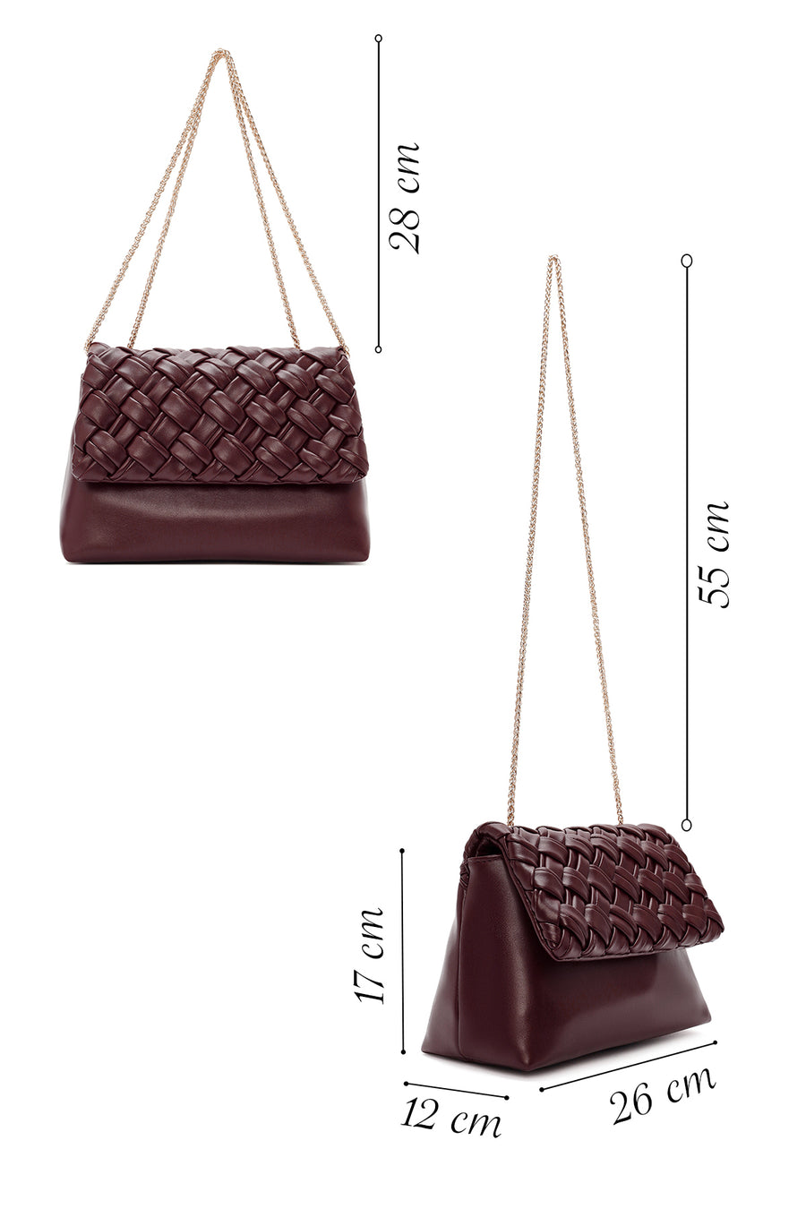 Women's Burgundy Long Chain Strap Braided Crossbody Bag