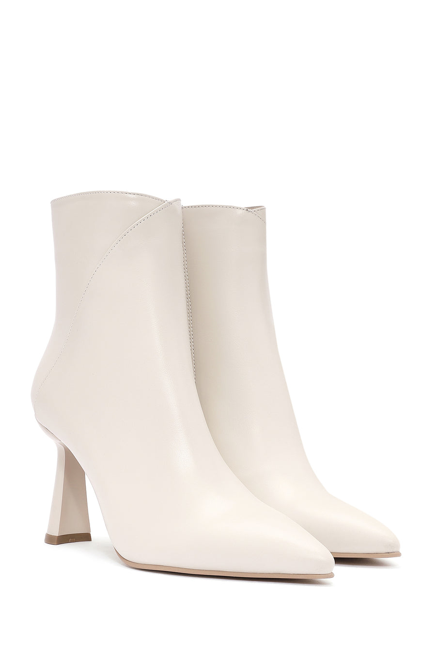 Women's Cream Zippered Thin Heel Leather Boots