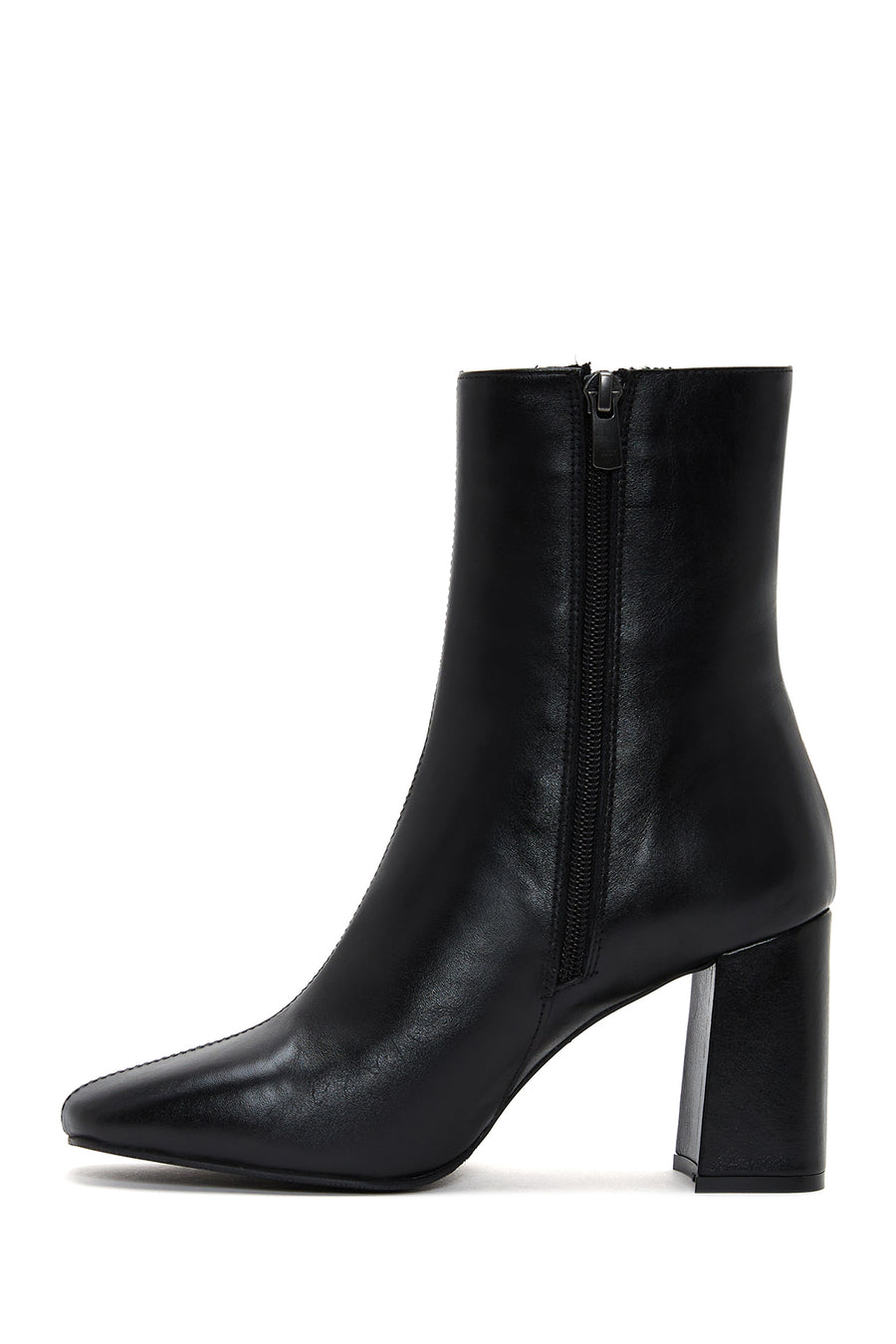 Women's Black Zippered Thick Heeled Leather Boots