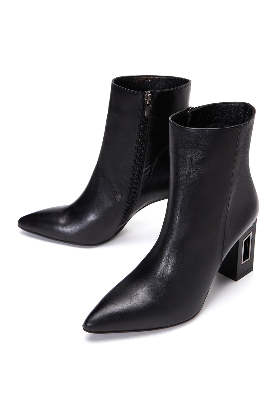Women's Black Zippered Thick Heeled Leather Boots