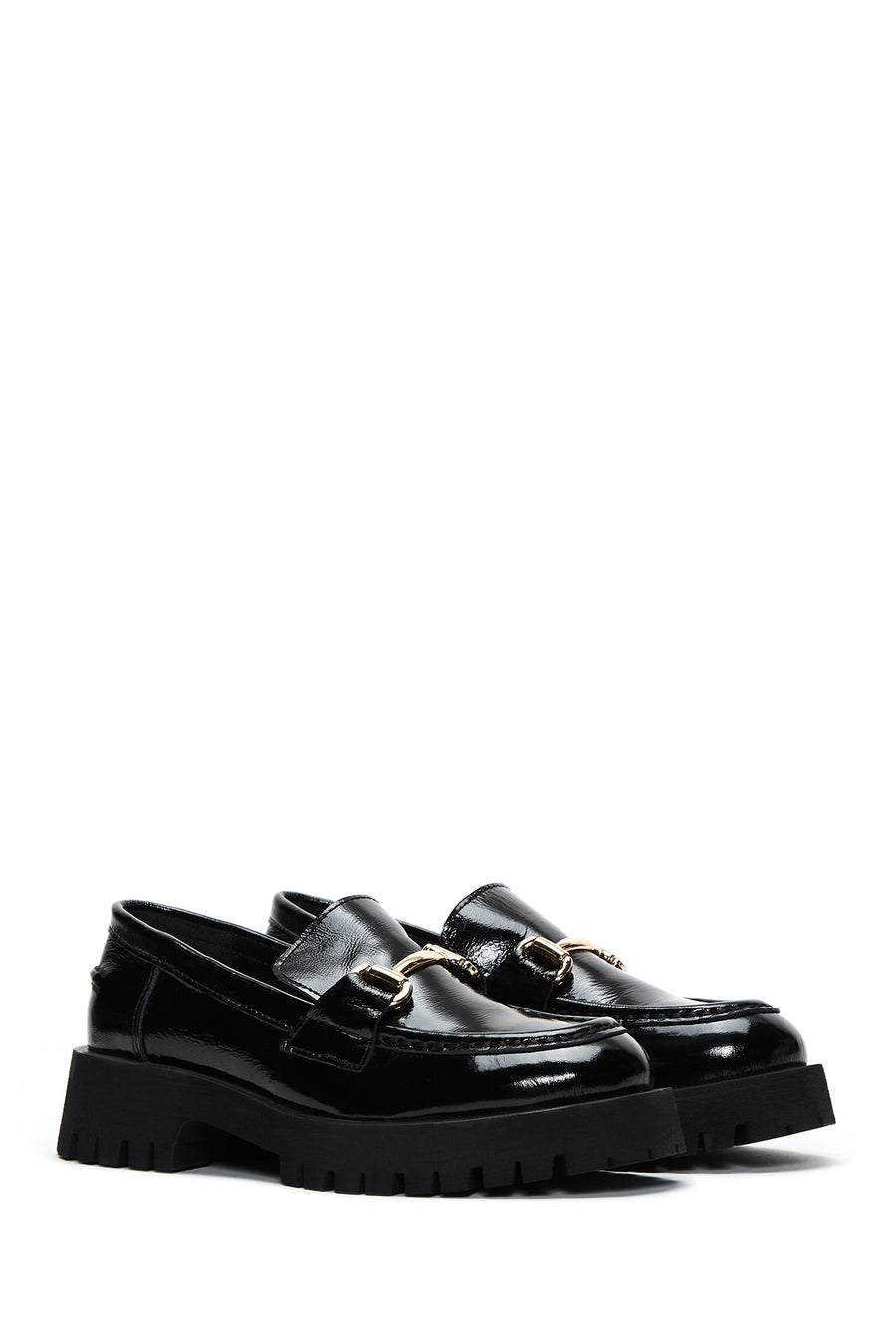 Women's Black Buckle Detailed Patent Leather Masculine Loafer