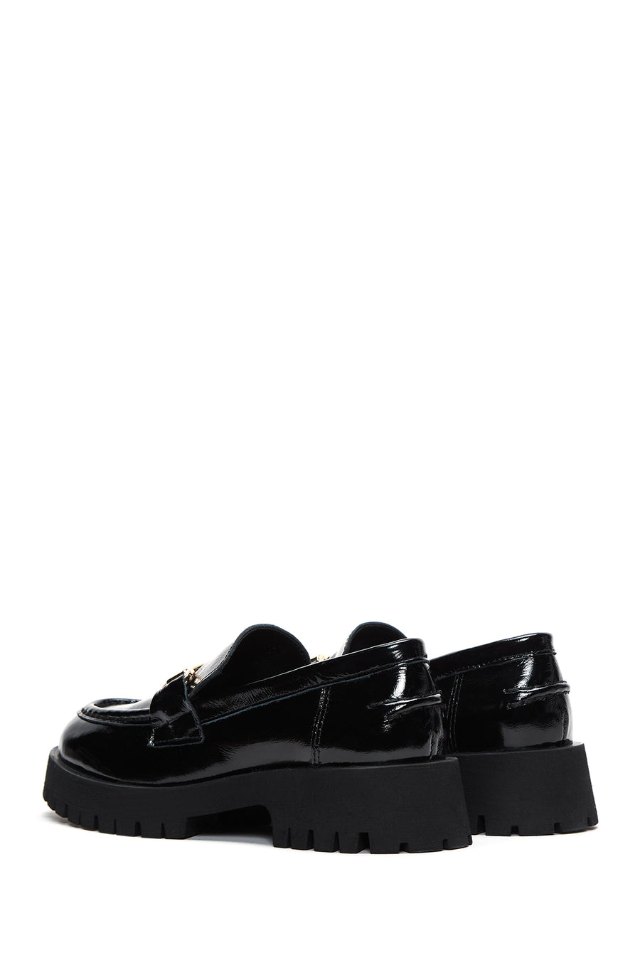 Women's Black Buckle Detailed Patent Leather Masculine Loafer