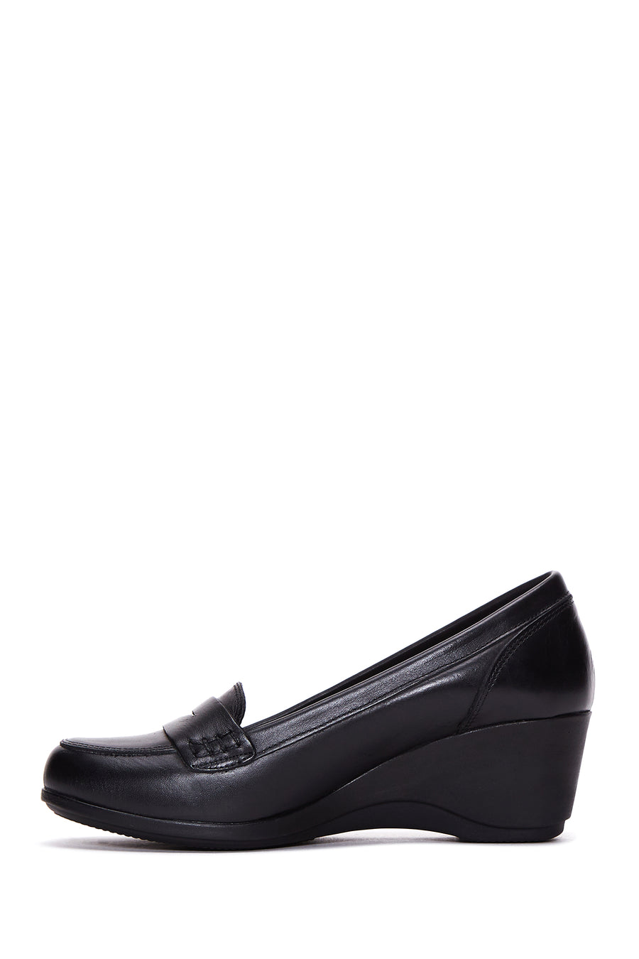Women's Black Leather Wedge Heeled Shoes