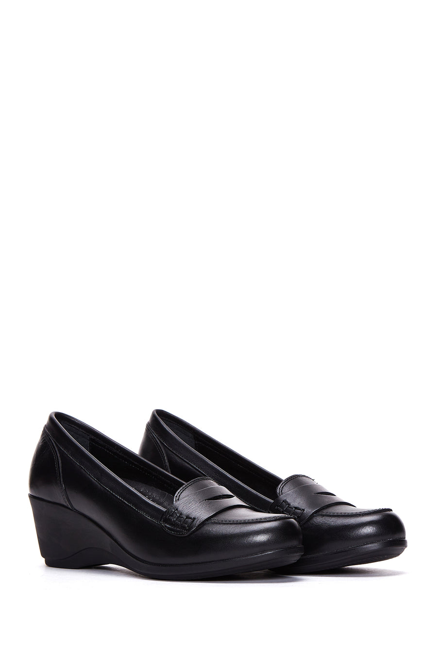 Women's Black Leather Wedge Heeled Shoes
