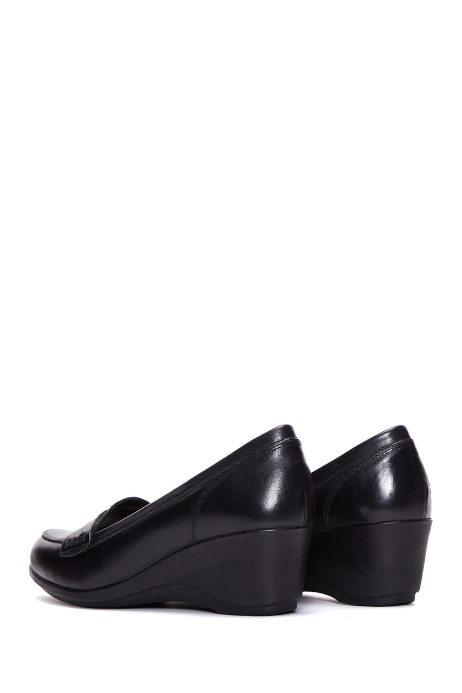 Women's Black Leather Wedge Heeled Shoes