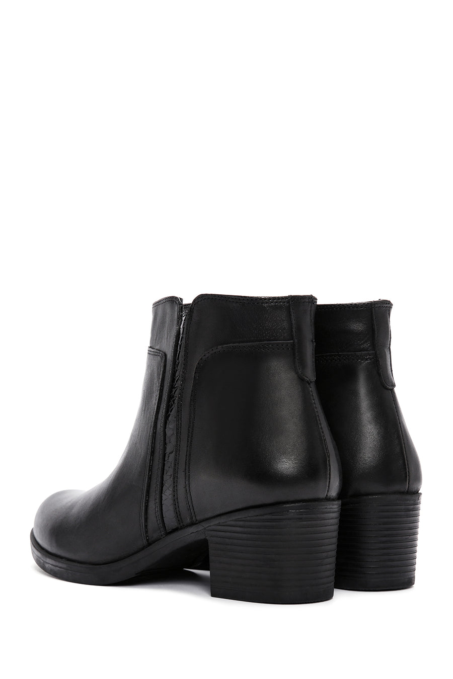 Women's Black Zippered Thick Heel Leather Casual Boots