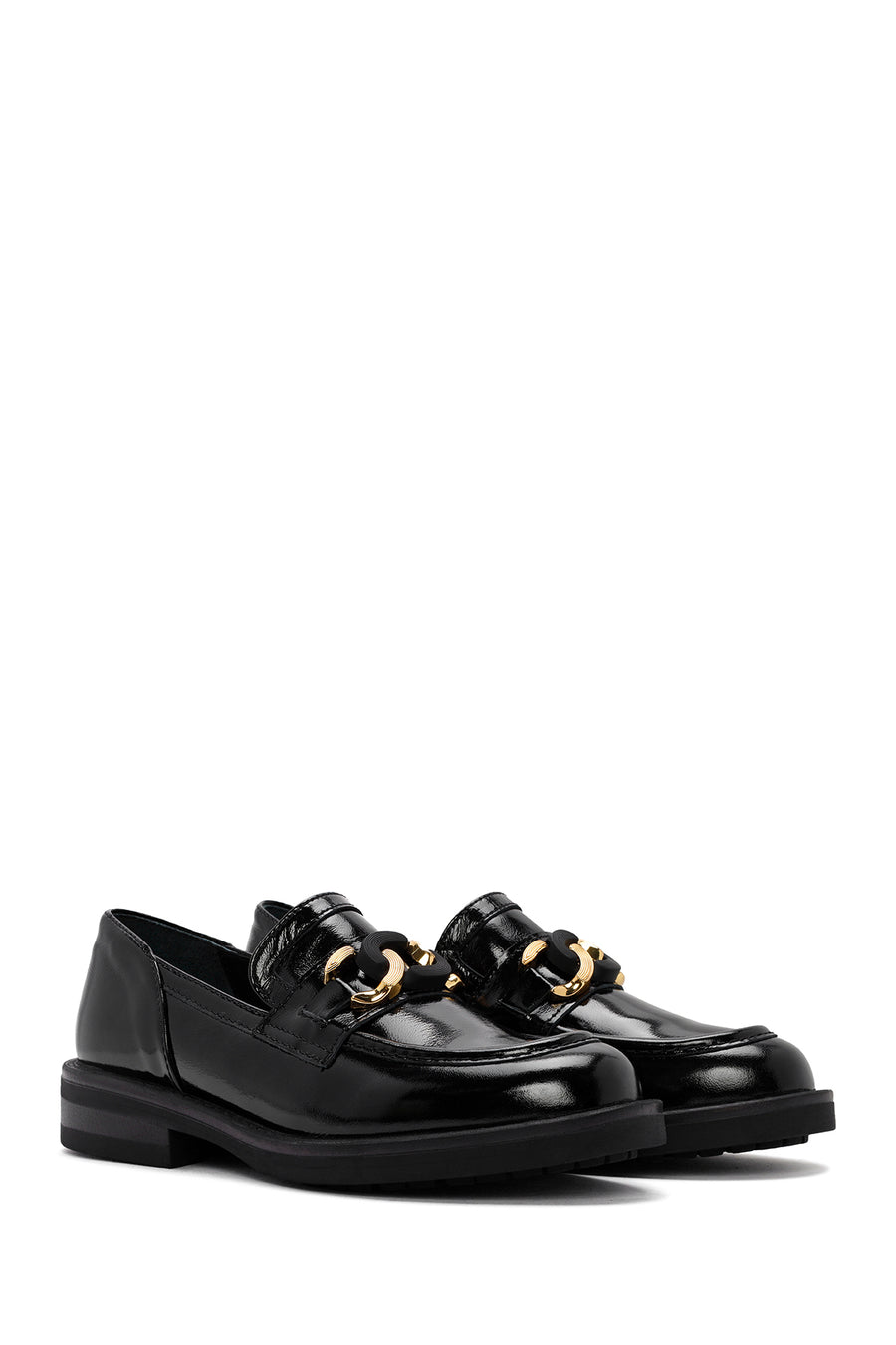 Women's Black Buckle Detailed Patent Leather Masculine Loafer