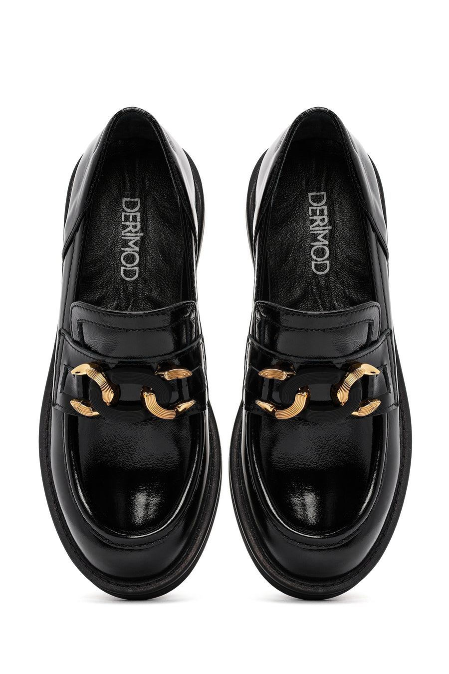 Women's Black Buckle Detailed Patent Leather Masculine Loafer