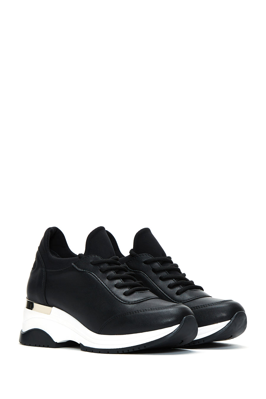 Women's Black Lace-Up Wedge Heel Sneakers