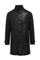Ederson Men's Black Stand Collar Buttoned Leather Coat | Derimod
