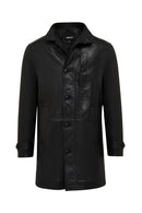 Ederson Men's Black Stand Collar Buttoned Leather Coat | Derimod