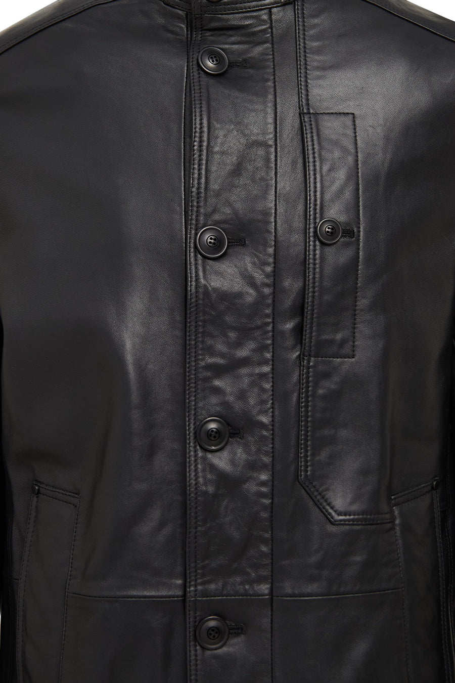 Ederson Men's Black Stand Collar Buttoned Leather Coat