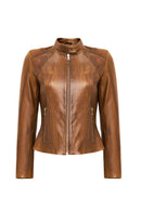 Anya Women's Camel Short Leather Jacket | Derimod