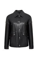 Susan Women's Black Oversize Leather Jacket | Derimod