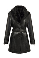 Rhoda(Plus) Woman Black Fur-Collared Loose-Fit Leather Coat | Derimod