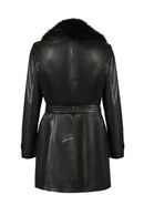 Rhoda(Plus) Woman Black Fur-Collared Loose-Fit Leather Coat | Derimod