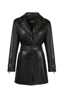 Rhoda(Plus) Woman Black Fur-Collared Loose-Fit Leather Coat | Derimod