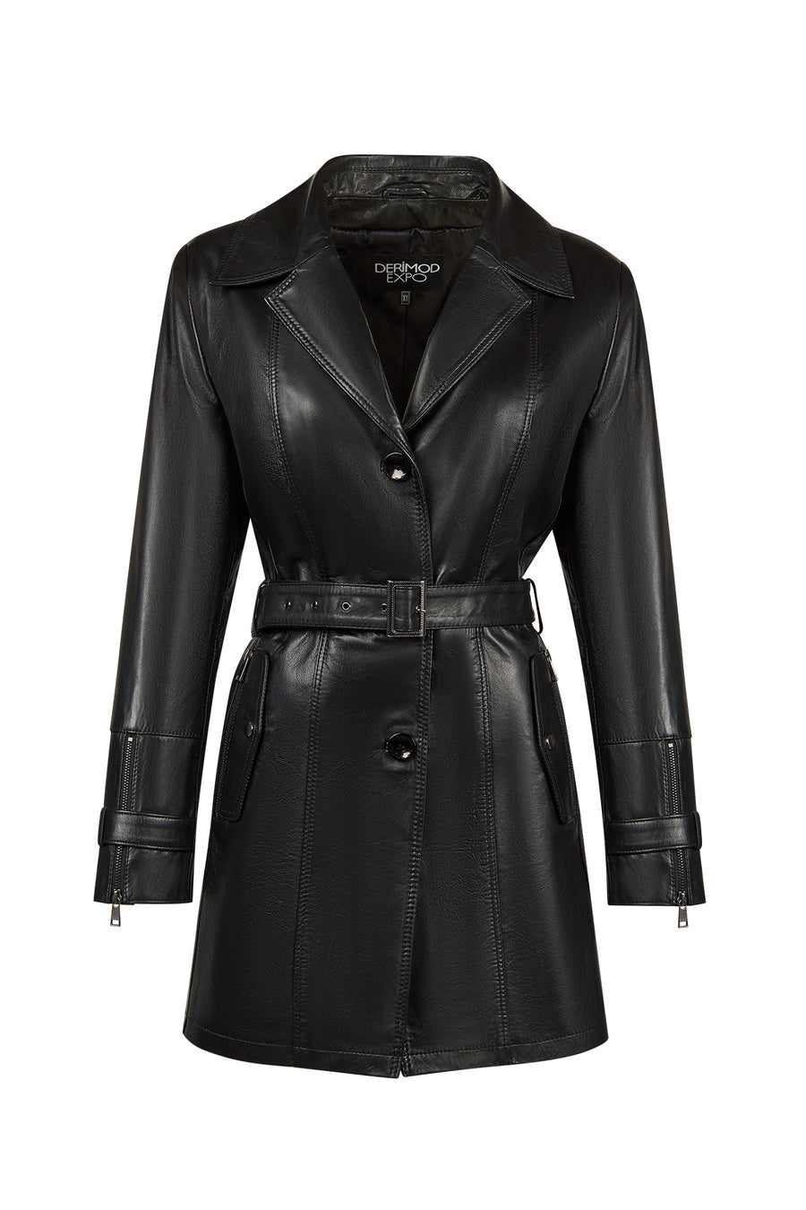 Rhoda(Plus) Woman Black Fur-Collared Loose-Fit Leather Coat