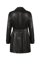 Rhoda(Plus) Woman Black Fur-Collared Loose-Fit Leather Coat | Derimod