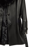 Rhoda(Plus) Woman Black Fur-Collared Loose-Fit Leather Coat | Derimod