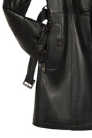 Rhoda(Plus) Woman Black Fur-Collared Loose-Fit Leather Coat | Derimod