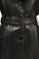 Rhoda(Plus) Woman Black Fur-Collared Loose-Fit Leather Coat | Derimod