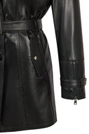 Rhoda(Plus) Woman Black Fur-Collared Loose-Fit Leather Coat | Derimod