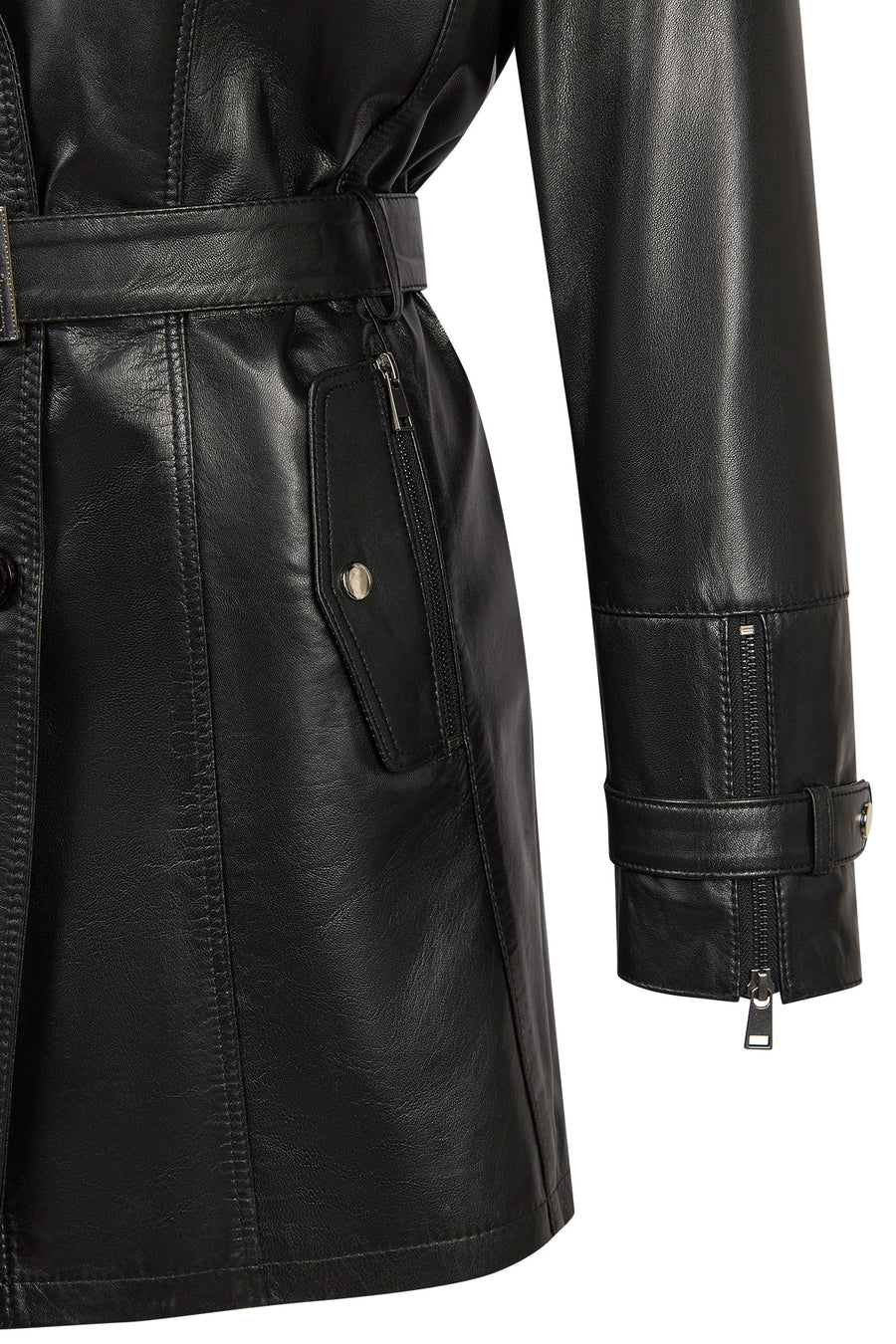 Rhoda(Plus) Woman Black Fur-Collared Loose-Fit Leather Coat