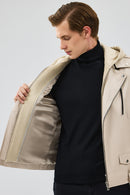 Butler Men's Beige Hooded Biker Leather Jacket | Derimod