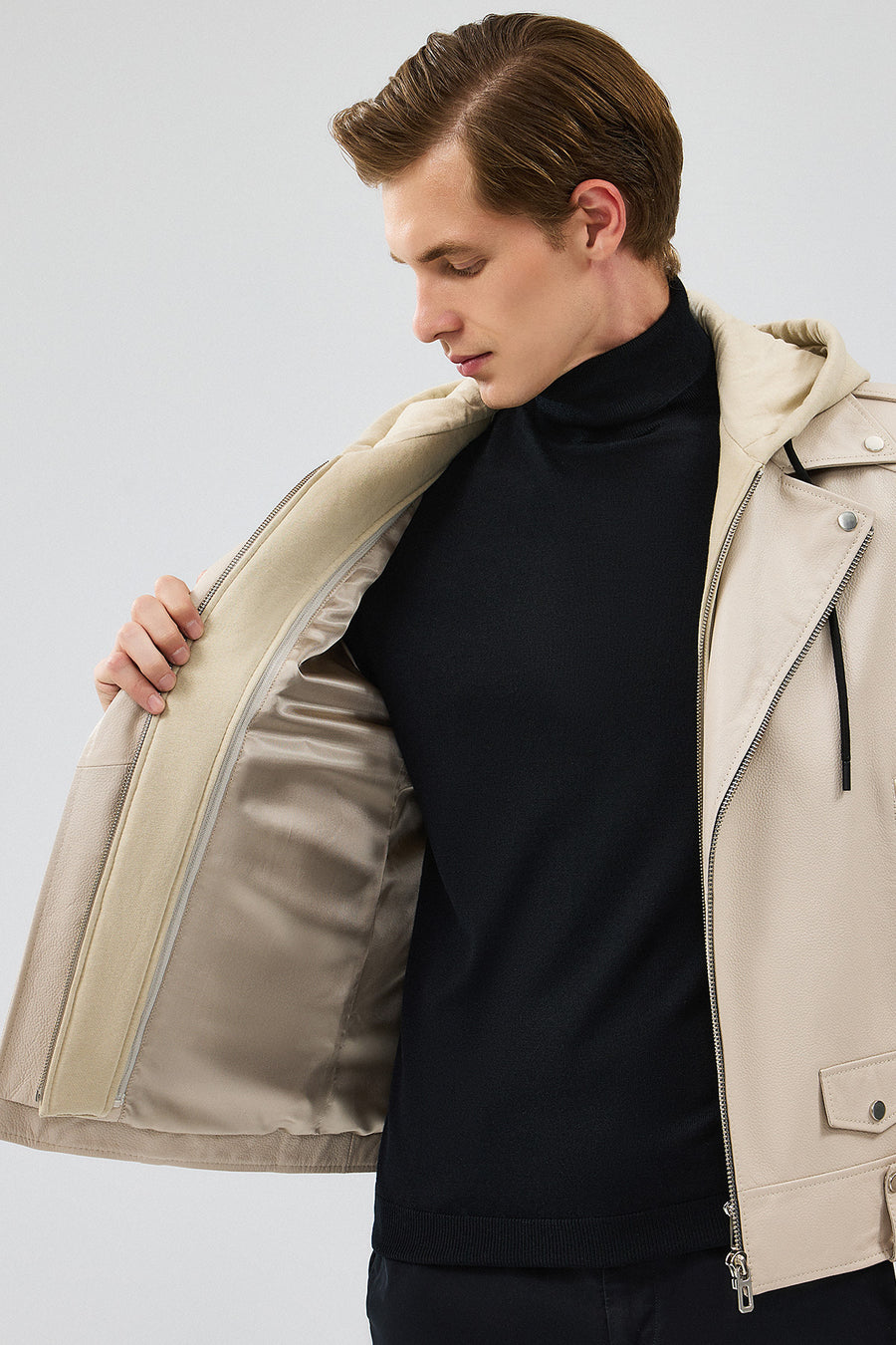 Butler Men's Beige Hooded Biker Leather Jacket