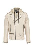 Butler Men's Beige Hooded Biker Leather Jacket | Derimod