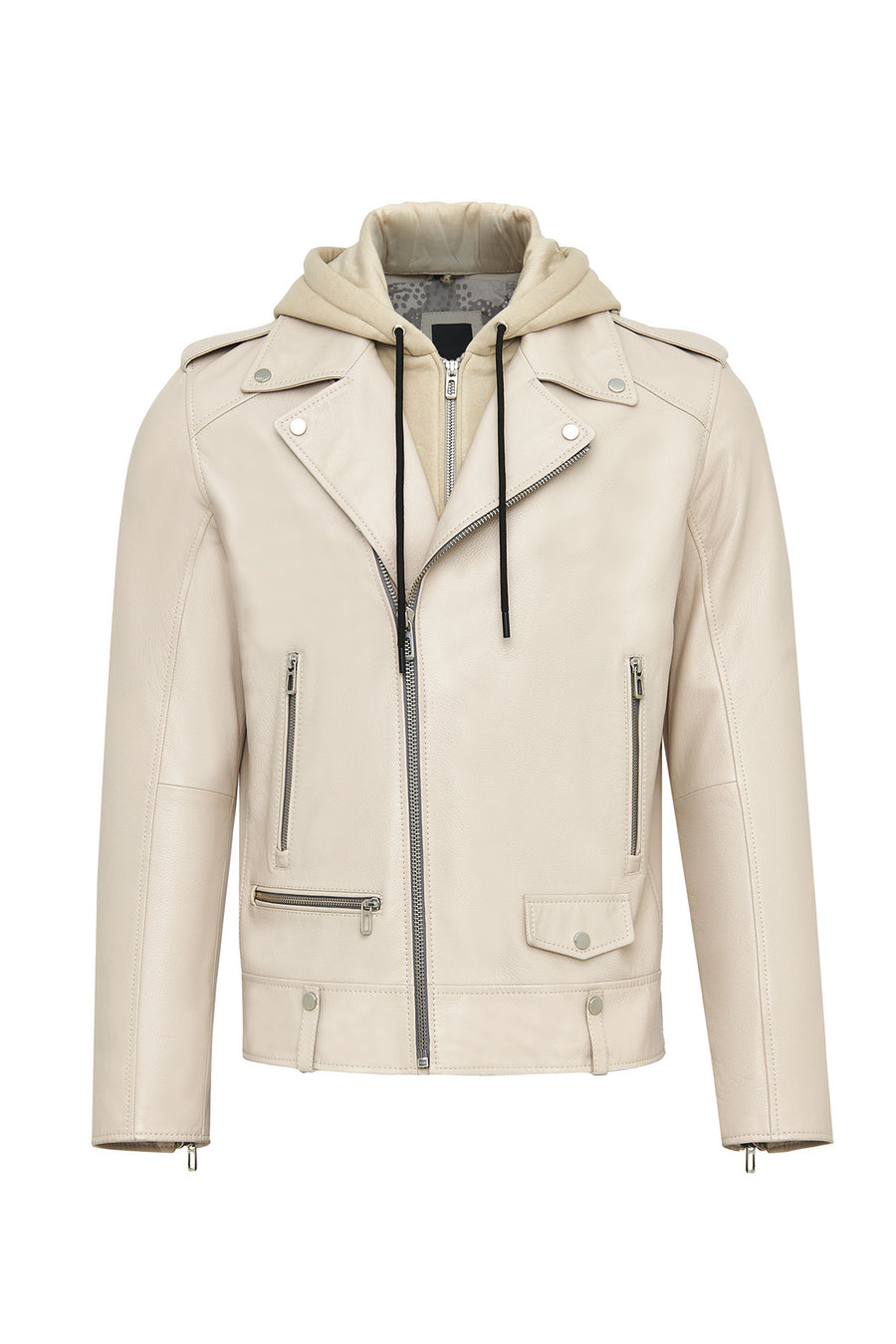 Butler Men's Beige Hooded Biker Leather Jacket