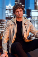 Butler Men's Beige Hooded Biker Leather Jacket | Derimod