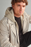 Butler Men's Beige Hooded Biker Leather Jacket | Derimod