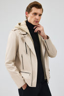 Butler Men's Beige Hooded Biker Leather Jacket | Derimod