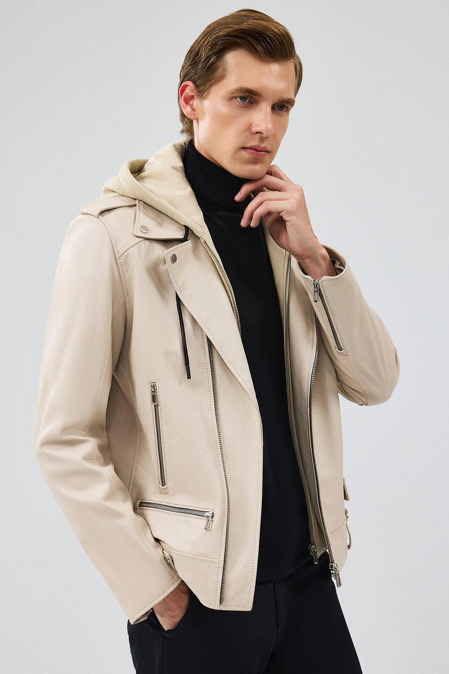 Butler Men's Beige Hooded Biker Leather Jacket