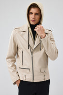 Butler Men's Beige Hooded Biker Leather Jacket | Derimod