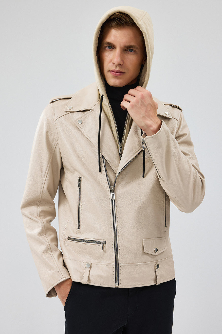 Butler Men's Beige Hooded Biker Leather Jacket