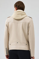 Butler Men's Beige Hooded Biker Leather Jacket | Derimod