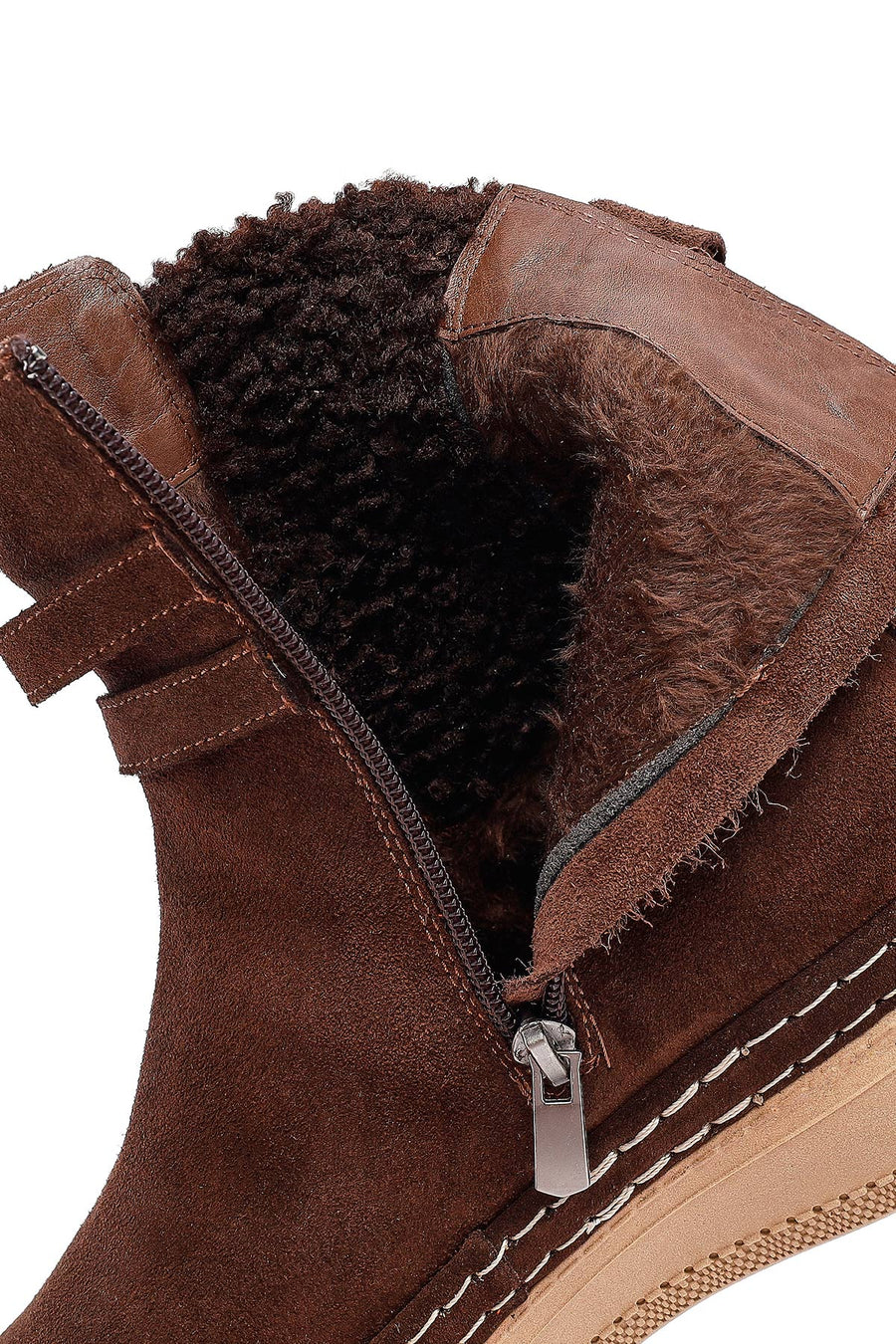 Woman Brown Zippered Suede Leather Teddy Bot
