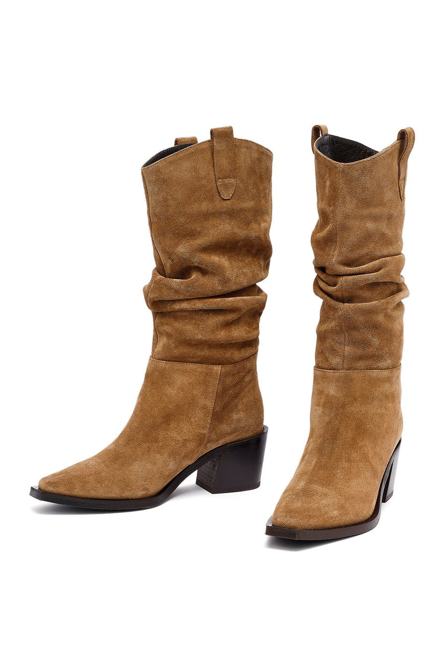 Woman Mink Chunky Heel Suede Leather Cowboy Boots
