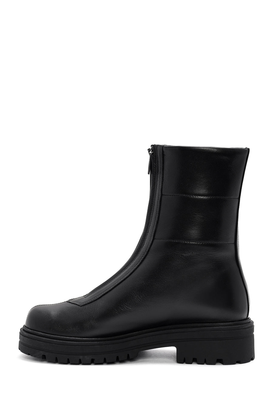 Woman Black Front Zipper Leather Boat