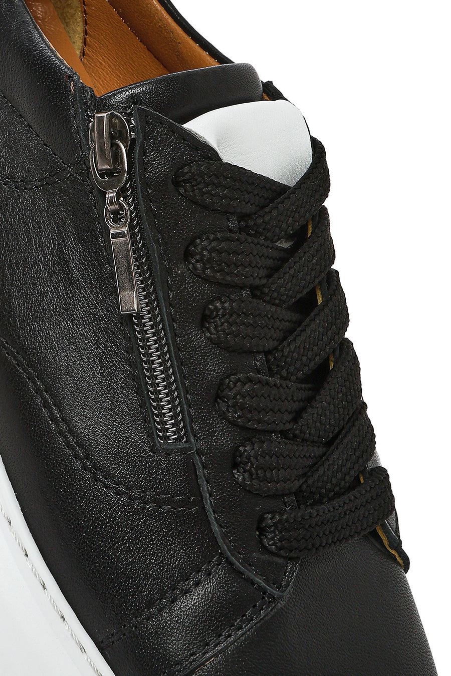 Women's Black Zippered Lace-Up Thick-Sole Leather Sneakers